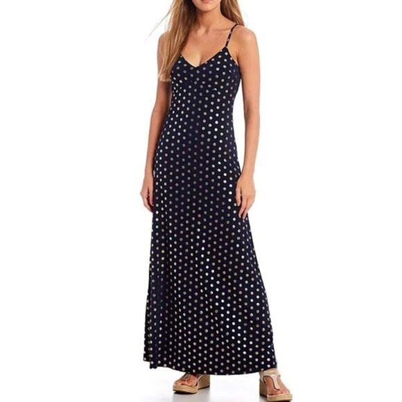 Michael Kors Medallion Foil Print Sleeveless Maxi Dress Navy Blue Gold Medium - Picture 1 of 13